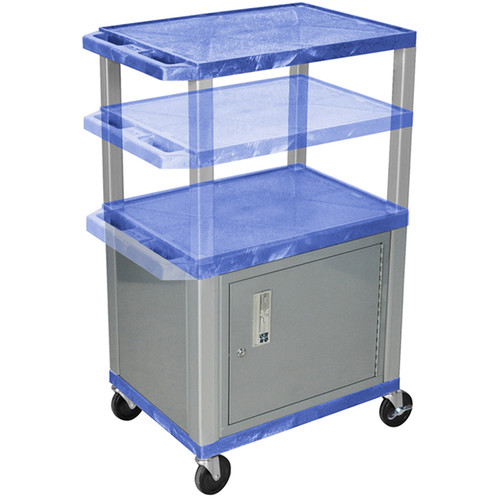 Luxor Multi-Height A/V Cart with 3 Shelves, 3-Outlet Electrical Assembly, and Cabinet (Blue Shelves, Nickel-Colored Legs and Cabinet) - Luxor