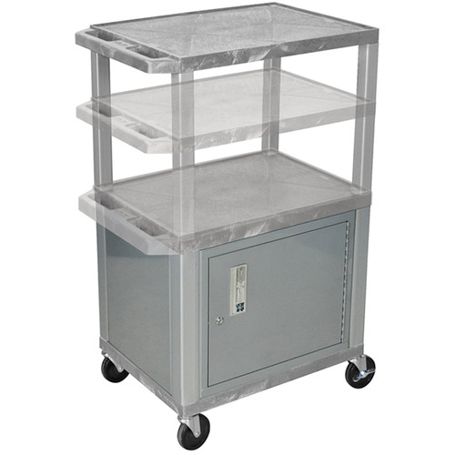 Luxor Multi-Height A/V Cart with 3 Shelves, 3-Outlet Electrical Assembly, and Cabinet (Gray Shelves, Nickel-Colored Legs and Cabinet) - Luxor
