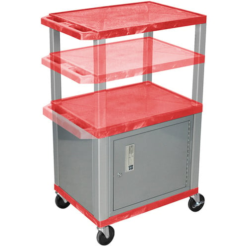 Luxor Multi-Height A/V Cart with 3 Shelves, 3-Outlet Electrical Assembly, and Cabinet (Red Shelves, Nickel-Colored Legs and Cabinet) - Luxor