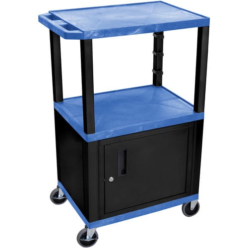 Luxor 42" A/V Cart with 3 Shelves and Cabinet (Blue Shelves, Black) - Luxor