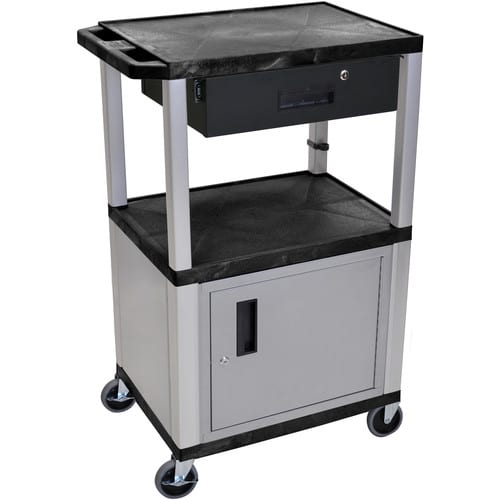 Luxor 42" A/V Cart with 2 Shelves, Cabinet, 3-Outlet Electrical Assembly, and Locking Drawer (Black Shelves, Nickel-Colored Legs and Cabinet) - Luxor