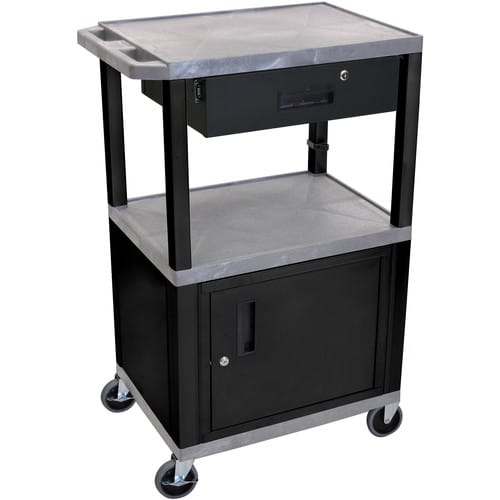 Luxor 42" A/V Cart with 3 Shelves, Cabinet, Locking Drawer, and Electrical Assembly (Gray Shelves, Black Legs) - Luxor