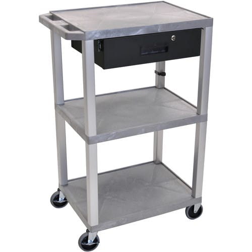 Luxor 42" A/V Cart with 3 Shelves, 3-Outlet Electrical Assembly, and Locking Drawer (Gray Shelves, Nickel-Colored Legs) - Luxor