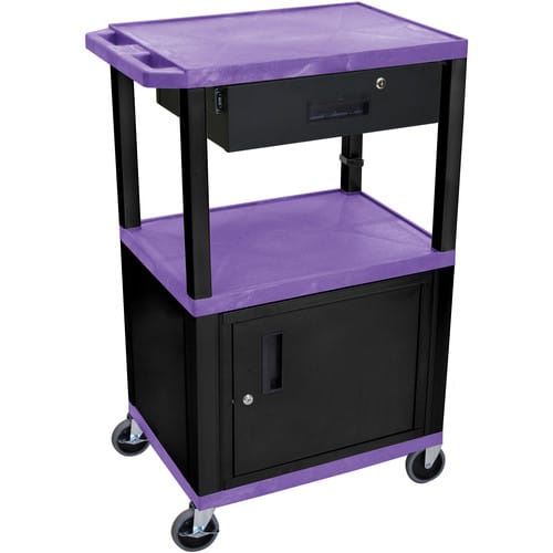 Luxor 42" A/V Cart with 3 Shelves, Cabinet, Locking Drawer, and Electrical Assembly (Purple Shelves, Black Legs) - Luxor