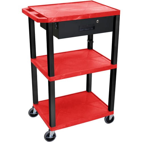 Luxor 42" A/V Cart with 3 Shelves Locking Drawer and Electrical Assembly (Red Shelves, Black Legs) - Luxor