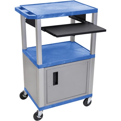 Luxor 42" A/V Cart with 3 Shelves, Pull-Out Keyboard Tray, Cabinet and Electric Assembly (Blue Shelves, Nickel Legs) - Luxor