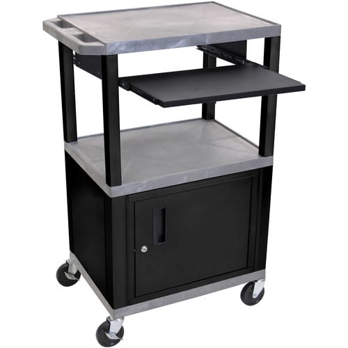 Luxor 42" A/V Cart with 3 Shelves, Pull-Out Keyboard Tray, Cabinet and Electric Assembly (Gray Shelves, Black Legs) - Luxor