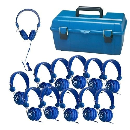 Hamilton LCP-12FVBL Lab Pack - 12 Blue Favoritz™ Headsets with In-Line Microphone and TRRS Plug in a Small Carry Case - Hamilton Electronics Corp.