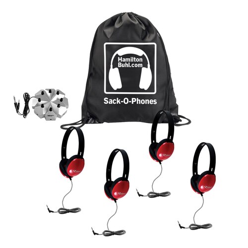 Hamilton SOP-PRMR4JB Sack-O-Phones, 4 Red Primo™ Headphones and 3.5mm Jackbox - Hamilton Electronics Corp.