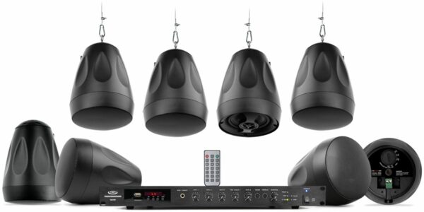 Pure Resonance Audio RTSS-8PD4RMA240BT Retail Store Sound System Featuring 8 Pendant Speakers & Rack Mount Bluetooth Mixer Amplifier - Pure Resonance Audio