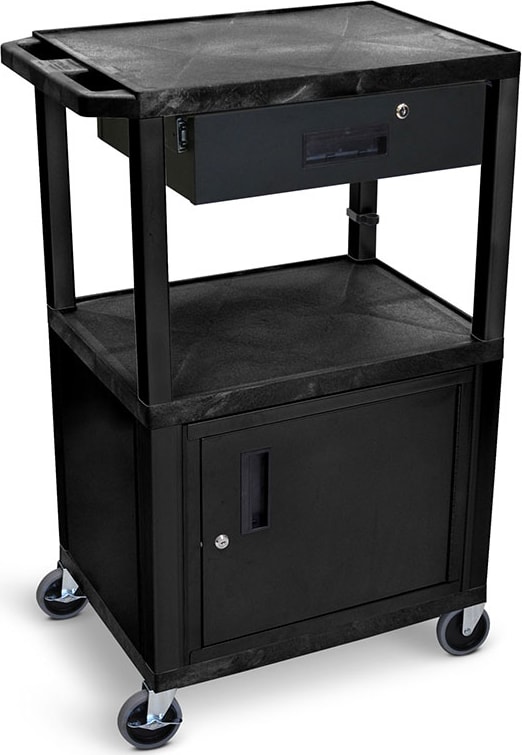 Luxor WT42C2E-B/WTD 4ft H AV Cart with 3 Shelves, Cabinet and Drawer - Electric (Black Legs) - Luxor
