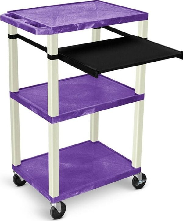 Luxor WTPS42PE 42"H 3 Shelves Tuffy Front Pullout Shelf Cart with Electric, Putty Legs and Purple Shelves - Luxor