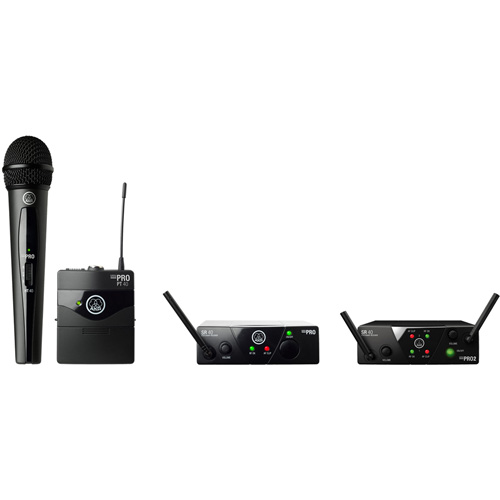AKG Acoustics WMS40 Mini Dual Vocal Instrumental Set Wireless Microphone System, Includes SR40 Dual Mini Receiver, PT40 Mini Pocket Transmitter, HT40 Handheld Transmitter, MKG L-Instrument Cable, Universal Power Supply, Band A & B - AKG