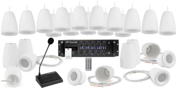 Pure Resonance Audio SMSS-24C3PKKITRZMA120BTPRIVACYWHT Sound Masking System with 24 C3 Pendant Speakers, RZMA120BT Rack Mount Multi Zone White Noise Sound Masking Generator & Paging Microphone with Zone Control - Pure Resonance Audio