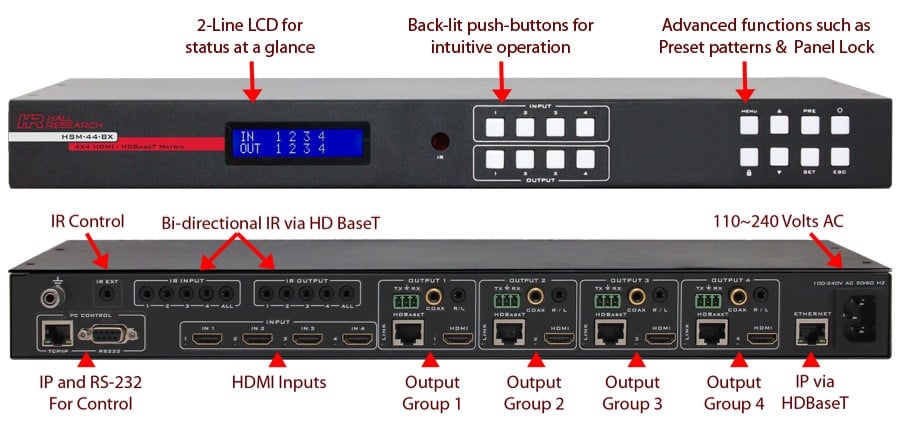 Hall Technologies HSM-44-BX 4K 4X4 HDMI Matrix Switch with simultaneous HDMI and HDBaseT outputs - Hall Technologies