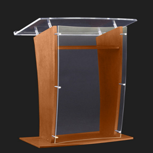 AmpliVox Wood & Acrylic Floor Lectern SN350207 Clear 48" with Walnut - AmpliVox Sound Systems