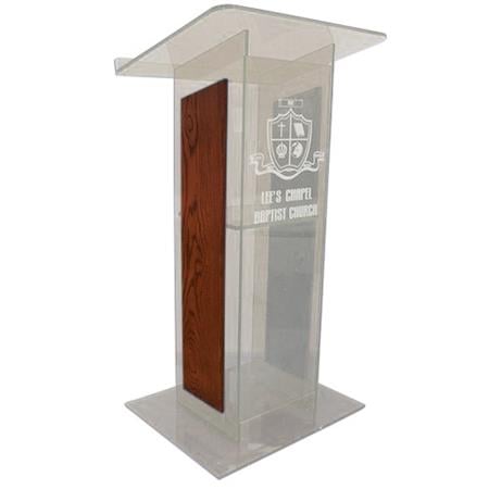 AmpliVox SN3540 Acrylic "H" Style Lectern with Shelf and Wood Side Panels, Clear with Mahogany - AmpliVox Sound Systems
