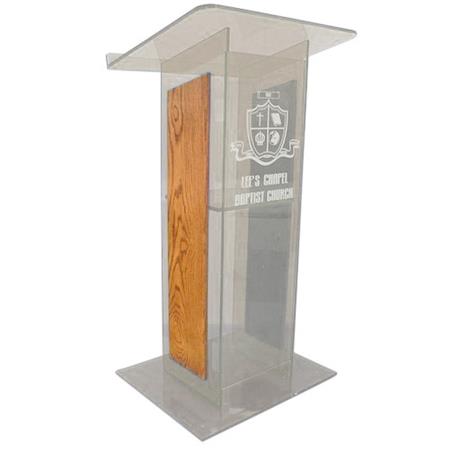 AmpliVox SN3540 Acrylic "H" Style Lectern with Shelf and Wood Side Panels, Clear with Oak - AmpliVox Sound Systems