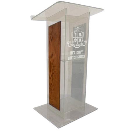 AmpliVox SN3540 Acrylic "H" Style Lectern with Shelf and Wood Side Panels, Clear with Walnut - AmpliVox Sound Systems