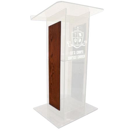 AmpliVox SN3540 Acrylic "H" Style Lectern with Shelf and Wood Side Panels, Frosted with Mahogany -