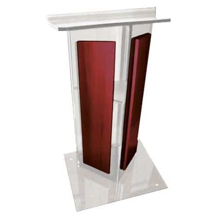AmpliVox SN3545 Acrylic "V" Style Lectern with Shelf and Wood Side Panels, Clear with Mahogany - AmpliVox Sound Systems