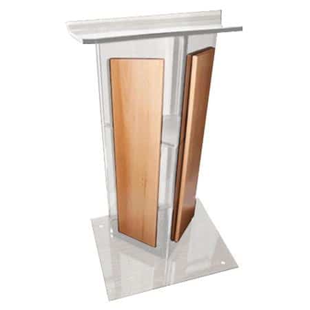 AmpliVox SN3550 Acrylic "V" Style Lectern with Shelf, Wood Side Panels and Frame Base, Clear with Oak - AmpliVox Sound Systems