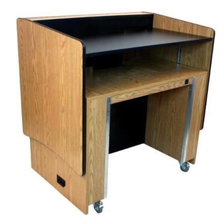 AmpliVox SN3900 ADA Sit to Stand Lectern with Power Lift, Medium Oak - AmpliVox Sound Systems
