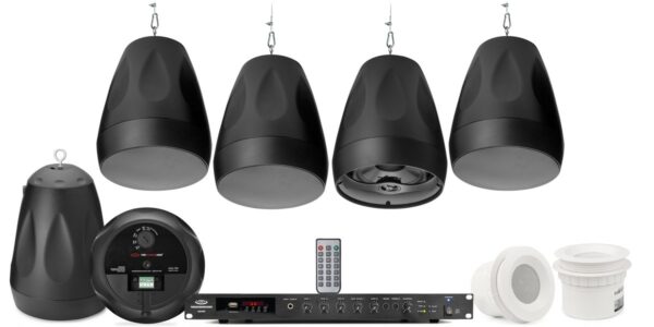 Pure Resonance Audio FTSS-6PD62C3RMA240BT Fitness Sound System with 6 PD6 Pendant Speakers, 2 C3 Ceiling Speakers & RMA240BT Rack Mount Bluetooth Mixer Amplifier - Pure Resonance Audio