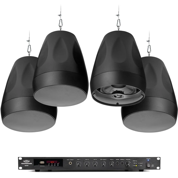 Pure Resonance Audio FTSS-8PD6RMA350BT Fitness Sound System with 8 PD6 Pendant Speakers & RMA350BT Rack Mount Bluetooth Mixer Amplifier - Pure Resonance Audio