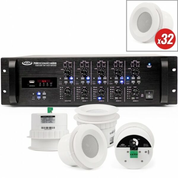 Pure Resonance Audio RTSS-32C3RZMA120BT Department Store Sound System with 32 C3 Ceiling Speakers & RZMA120BT Multi Zone Bluetooth Mixer Amplifier - Pure Resonance Audio