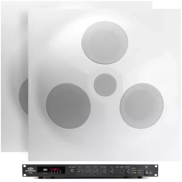 Pure Resonance Audio EDSS-4SD5RMA240BT Lecture Hall Sound System with 4 SD5 Ceiling Tile Speakers & RMA240BT Rack Mount Bluetooth Mixer Amplifier -