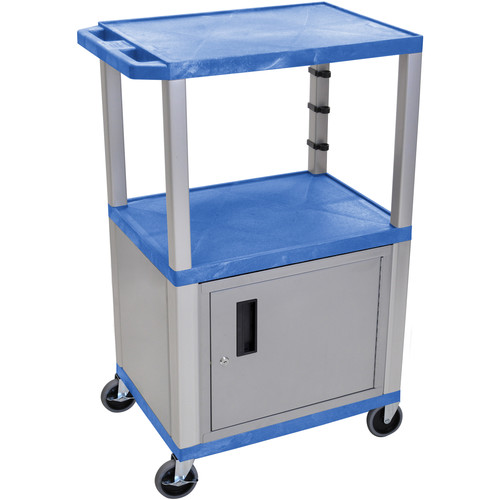 Luxor 42" A/V Cart with 2 Shelves and Cabinet (Blue Shelves, Nickel-Colored Legs and Cabinet) - Luxor