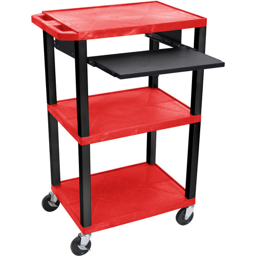 Luxor 42" A/V Cart with 3 Shelves, Pull-Out Keyboard Tray (Red Shelves, Black Legs) - Luxor
