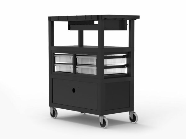 Luxor ECMBSKBC-B 32" x 18" Deluxe Teacher Cart with Locking Cabinet, Storage Bins, Keyboard Tray, Pocket Chart Hooks, and Cup Holder - Luxor