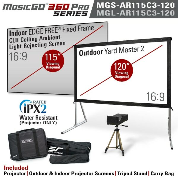Elite MGL-AR115C3-120 MosicGO® Outdoor Ultra-Short Throw DLP Projector & Outdoor 120" Screen & Indoor 115" Ceiling Ambient Light Rejecting Screen - Elite Screens Inc.