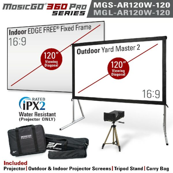 Elite MGL-AR120W-120 MosicGO® Outdoor Ultra-Short Throw DLP Projector & Outdoor 120" Screen & Indoor 120" Frame Screen - Elite Screens Inc.