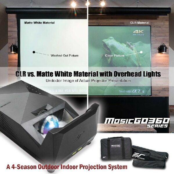 Elite MGL-AR100W Elite MGS-AR123C3 MosicGO® Outdoor Ultra-Short Throw DLP Projector & Outdoor 58" Screen & Indoor 100" Frame Screen - Elite Screens Inc.