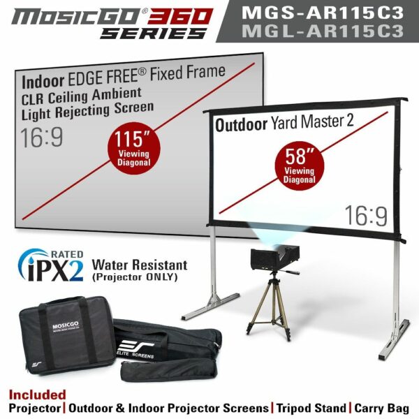 Elite MGL-AR115C3 MosicGO® Outdoor Ultra-Short Throw DLP Projector & Outdoor 58" Screen & Indoor 115" Ceiling Ambient Light Rejecting Screen - Elite Screens Inc.