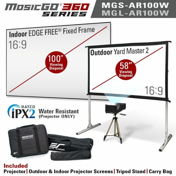 Elite MGL-AR100W Elite MGS-AR123C3 MosicGO® Outdoor Ultra-Short Throw DLP Projector & Outdoor 58" Screen & Indoor 100" Frame Screen - Elite Screens Inc.
