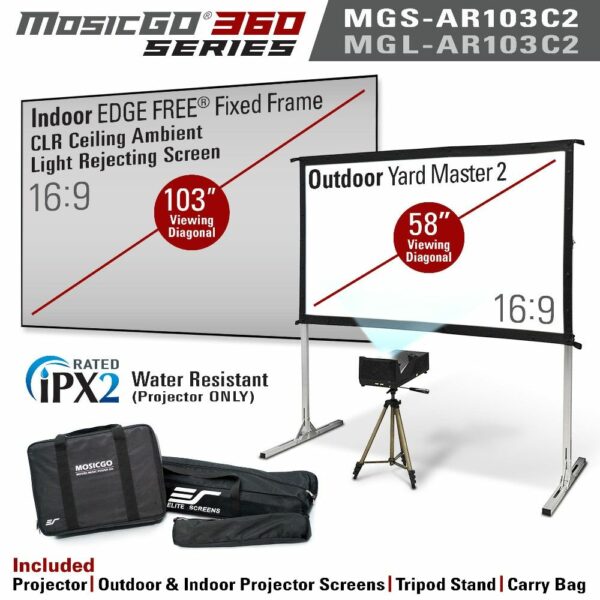 Elite MGL-AR103C2 MosicGO® Outdoor Ultra-Short Throw DLP Projector & Outdoor 58" Screen & Indoor 103" Ceiling Ambient Light Rejecting Screen - Elite Screens Inc.