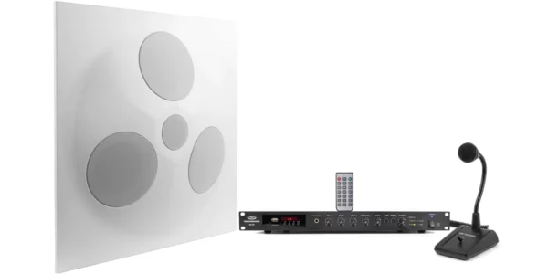 Pure Resonance Audio Paging Sound System with SD5 Ceiling Tile Speaker, RMA120BT Rack Mount Bluetooth Mixer Amplifier & PTT1 Push-to-Talk Microphone - Pure Resonance Audio