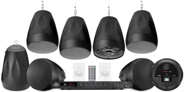 Pure Resonance Audio Warehouse Sound System Featuring 8 Pendant Speakers, Rack Mount Bluetooth Mixer Amplifier & 2 Volume Controls - Pure Resonance Audio