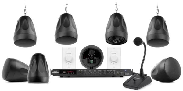 Pure Resonance Audio Paging Sound System with 8 PD4 Pendant Speakers, RMA240BT Rack Mount Bluetooth Mixer Amplifier, PTT1 Push-to-Talk Microphone & 2 VC100W Volume Controls - Pure Resonance Audio