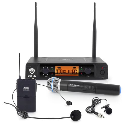 Nady DW-22-HT-LT-HM Digital Dual Transmitter Fixed Frequency Wireless Combo Handheld & Lapel/Headmic Microphone System - Nady