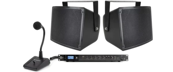 Pure Resonance Audio Commercial Outdoor Speaker System with 2 S10 All-Weather Stadium Loudspeakers, RMA240BT Rack Mount Bluetooth Mixer Amplifier & PTT1 Push-to-Talk Microphone - Pure Resonance Audio