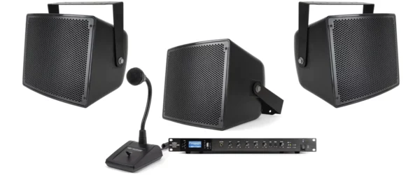 Pure Resonance Audio Public Address Sound System with 2 S10 All-Weather Stadium Loudspeakers, RMA500BT Rack Mount Bluetooth Mixer Amplifier & PTT1 Push-to-Talk Microphone - Pure Resonance Audio