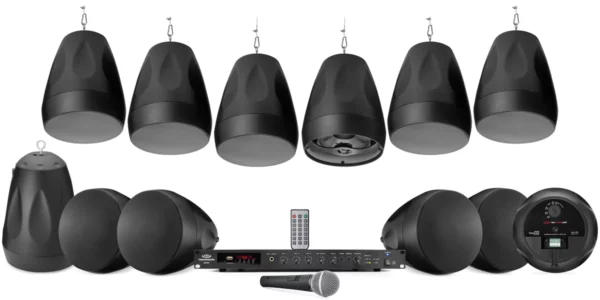 Pure Resonance Audio Warehouse Sound System Featuring 12 Pendant Speakers, Rack Mount Bluetooth Mixer Amplifier & Handheld Microphone - Pure Resonance Audio