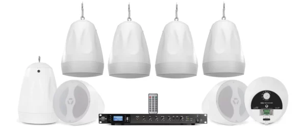 Pure Resonance Audio Fitness Sound System with 8 PD6W White Pendant Speakers & RMA350BT Rack Mount Bluetooth Mixer Amplifier - Pure Resonance Audio