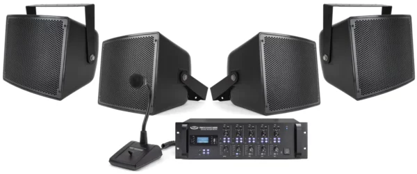 Pure Resonance Audio Commercial Outdoor Speaker System with 4 S10 All-Weather Stadium Loudspeakers, RZMA240BT Multi Zone Bluetooth Mixer Amplifier & PMZ16 Paging Microphone - Pure Resonance Audio