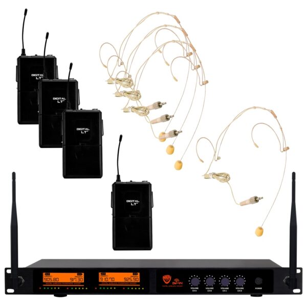 Nady DW-44-HT-LT-HM Quad Receiver Fixed Channel Digital Combo Handheld / Lapel & HM-3 Headmic Microphone Wireless System - Nady